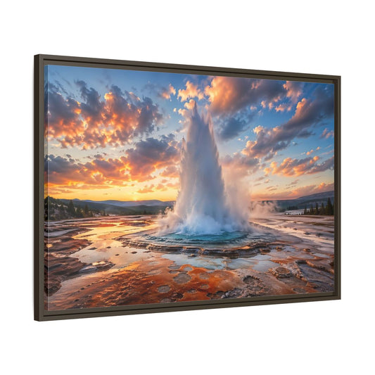 Main Mockup. Nature Geyser Orange And Blue shown as stretched canvas wall art