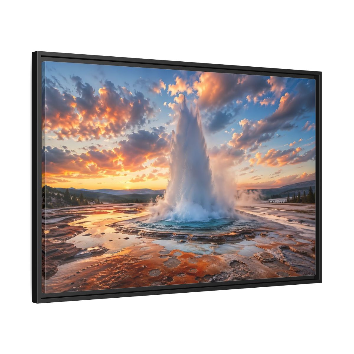 Side Mockup 13. Nature Geyser Orange And Blue shown as stretched canvas wall art
