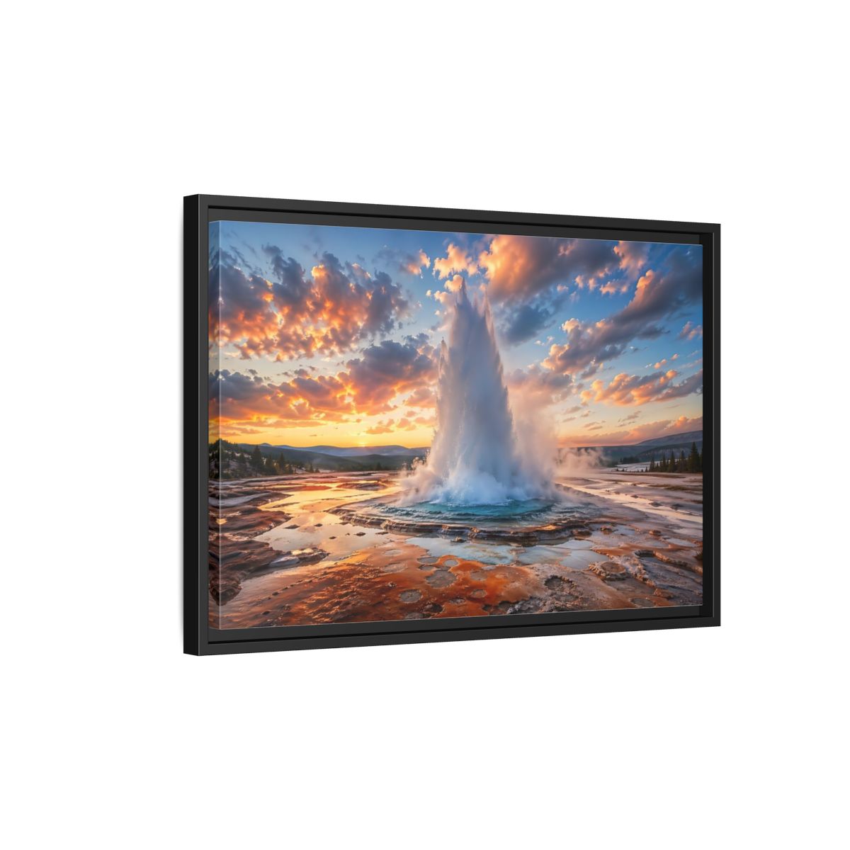 Side Mockup 3. Nature Geyser Orange And Blue shown as stretched canvas wall art