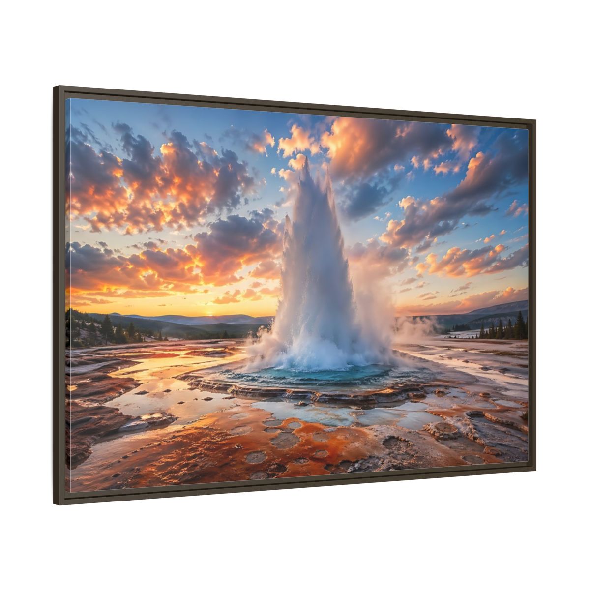 Side Mockup 8. Nature Geyser Orange And Blue shown as stretched canvas wall art