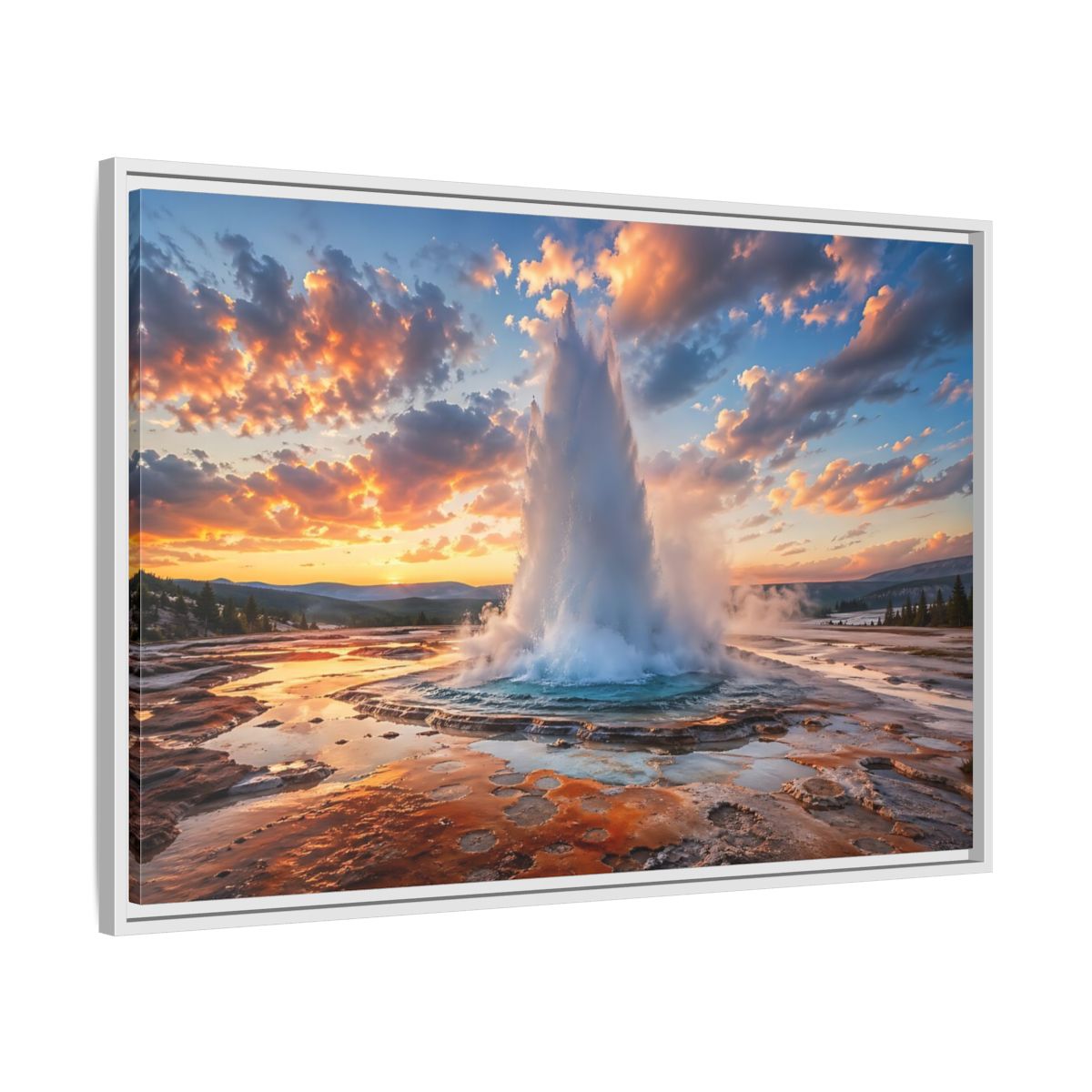 Side Mockup 9. Nature Geyser Orange And Blue shown as stretched canvas wall art