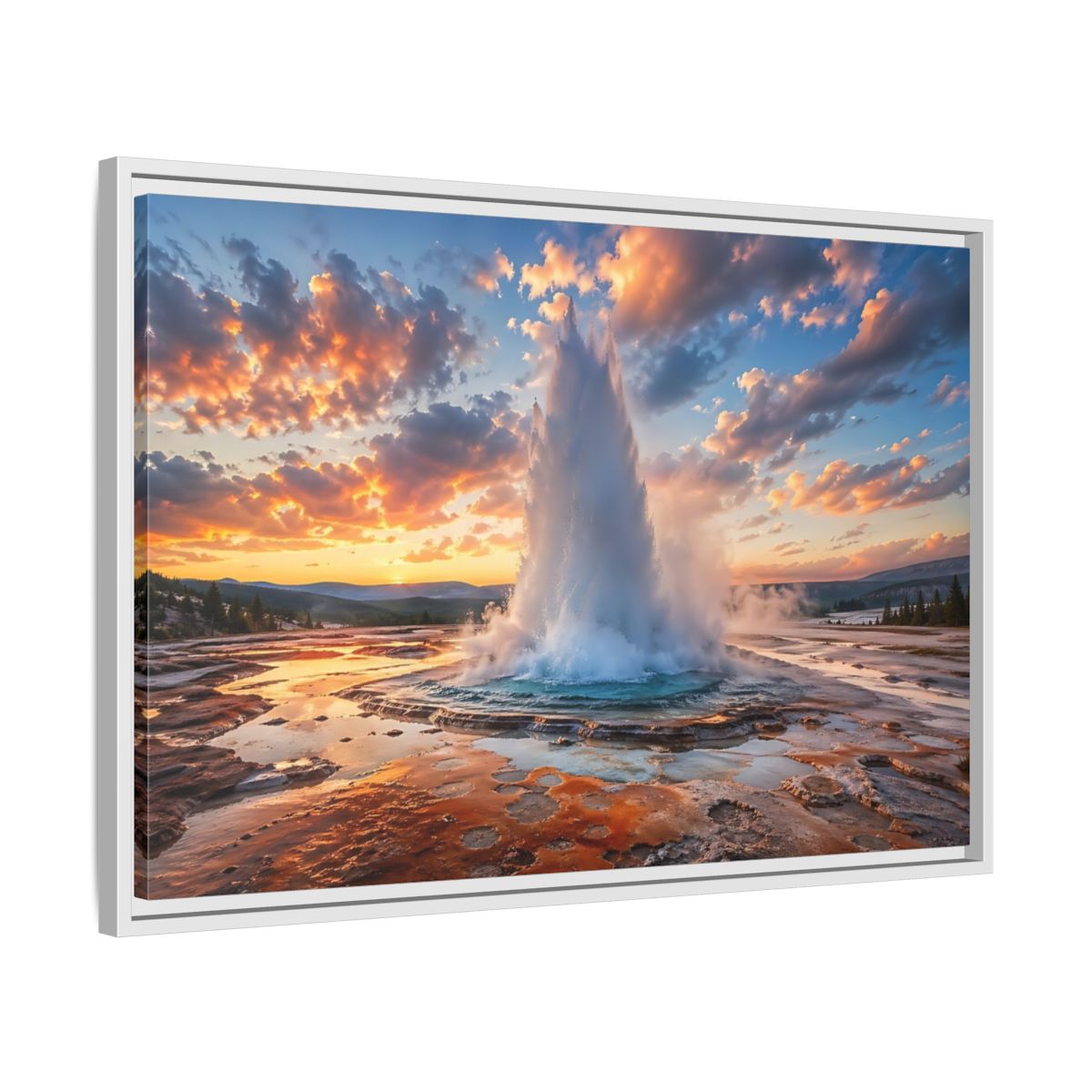 Side Mockup 10. Nature Geyser Orange And Blue shown as stretched canvas wall art