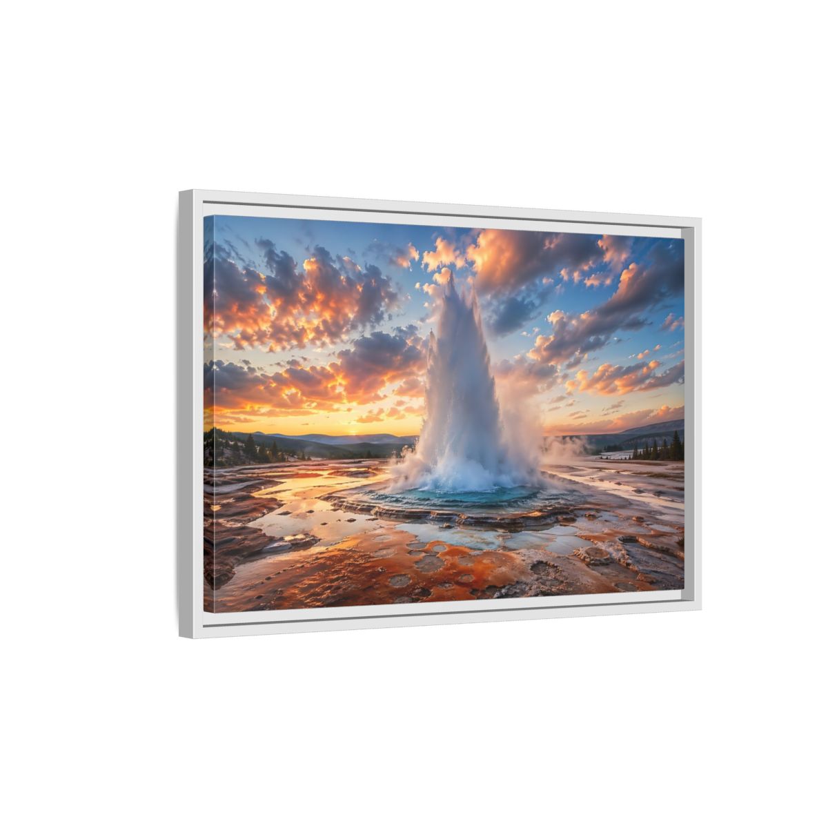 Side Mockup 1. Nature Geyser Orange And Blue shown as stretched canvas wall art