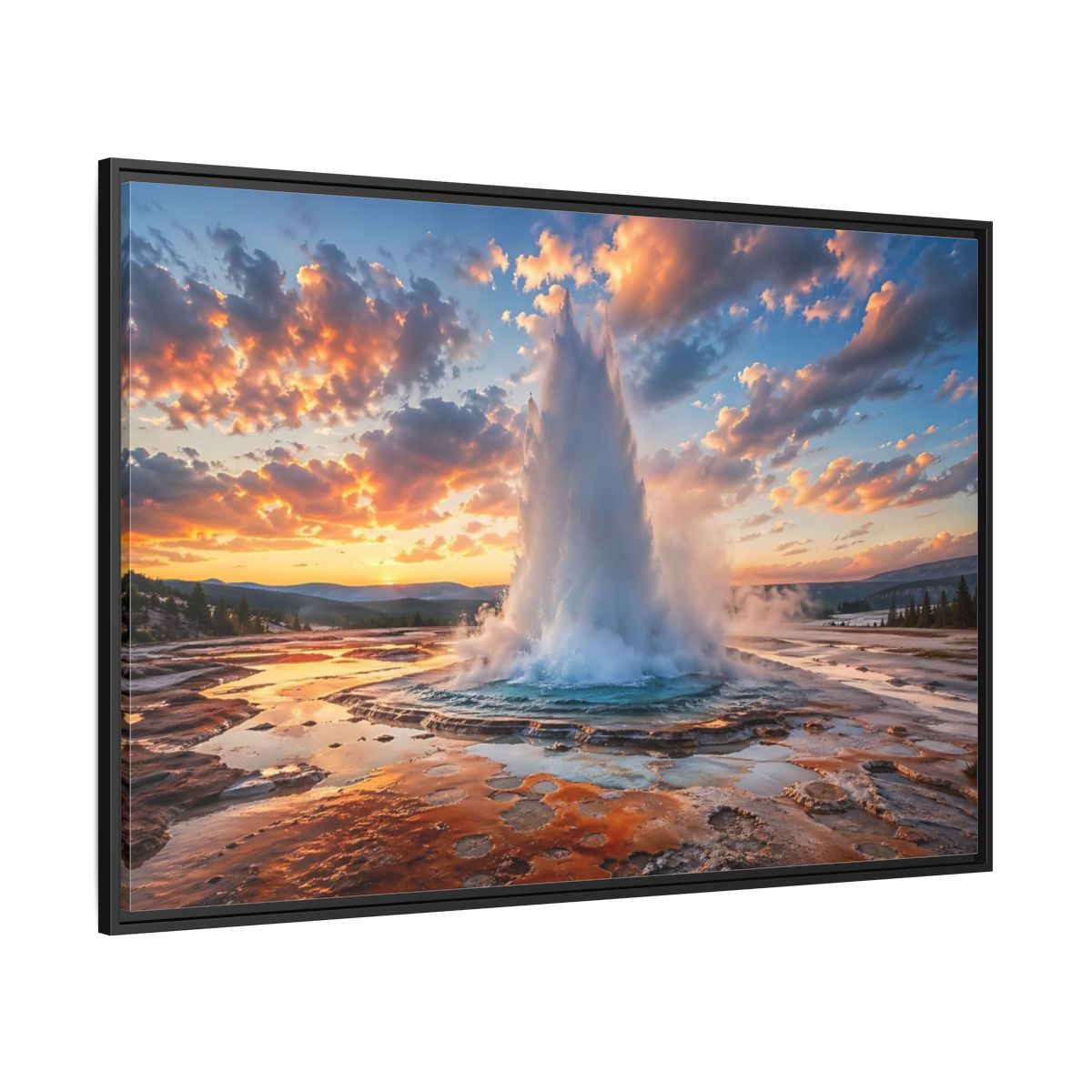 Side Mockup 12. Nature Geyser Orange And Blue shown as stretched canvas wall art