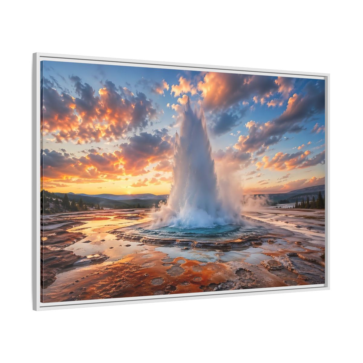 Side Mockup 7. Nature Geyser Orange And Blue shown as stretched canvas wall art