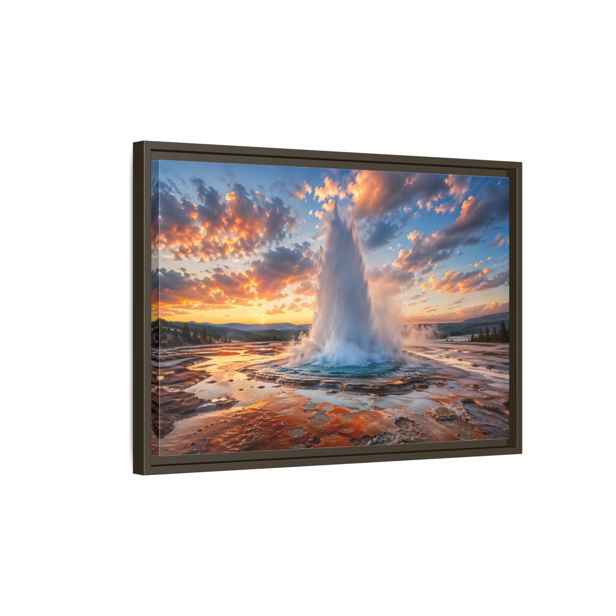 Side Mockup 2. Nature Geyser Orange And Blue shown as stretched canvas wall art
