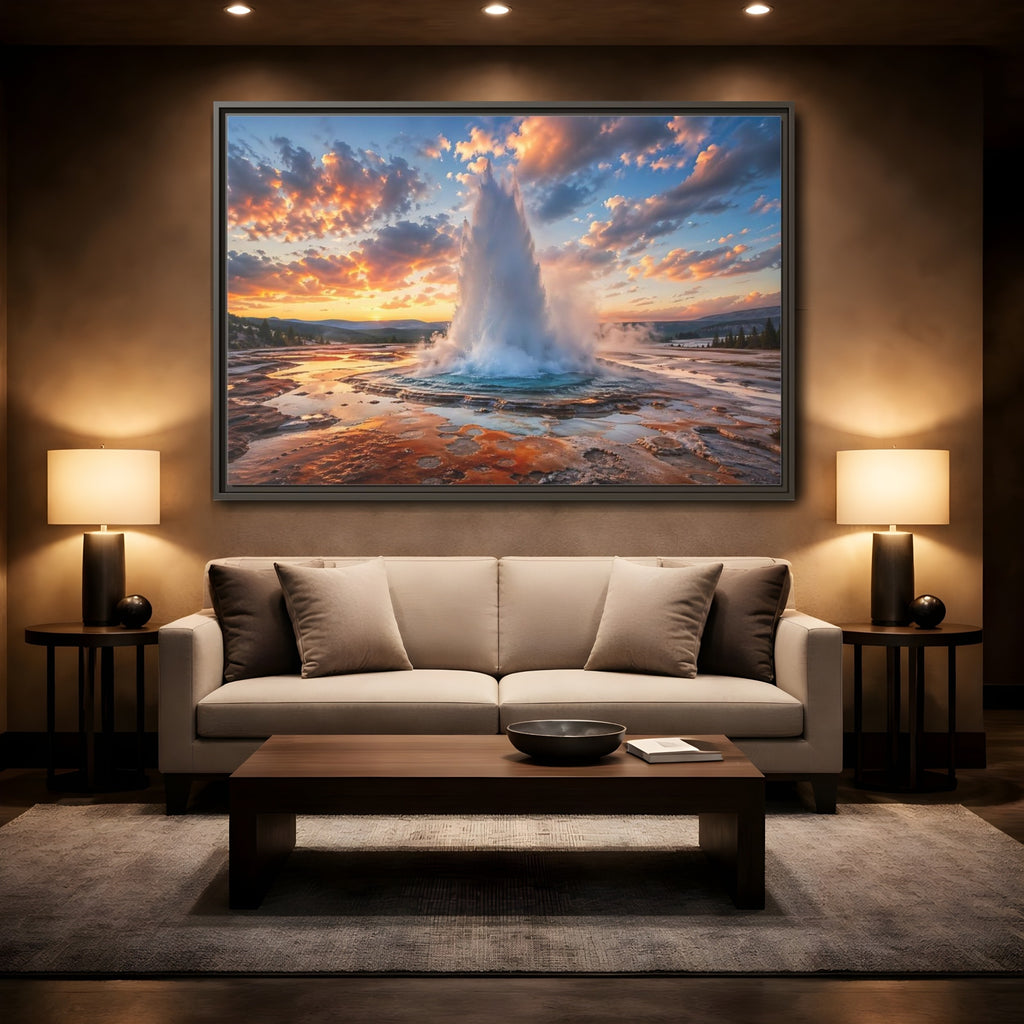 Mockup 2. Nature Geyser Orange And Blue shown as stretched canvas wall art