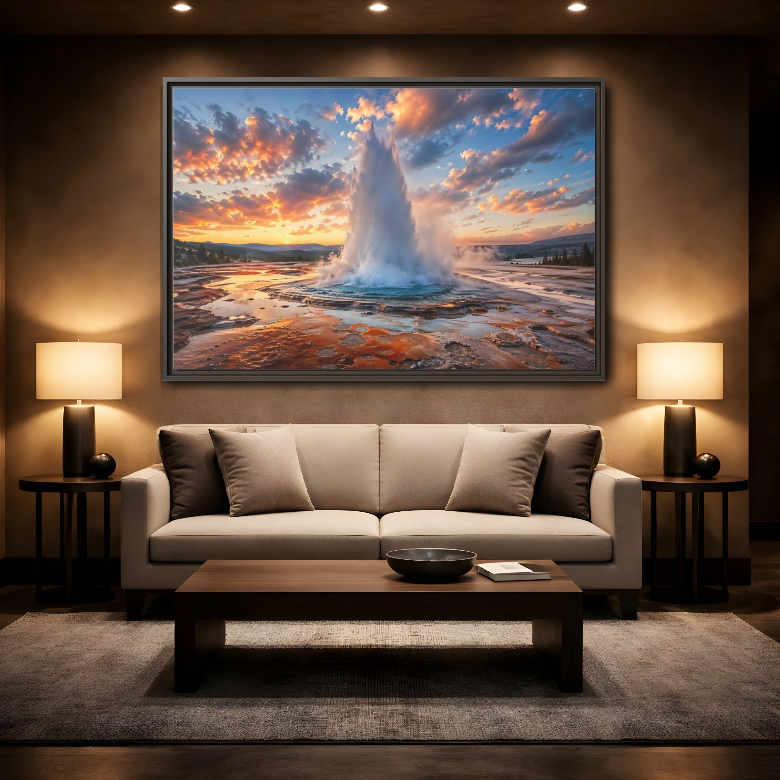 Mockup 2. Nature Geyser Orange And Blue shown as stretched canvas wall art