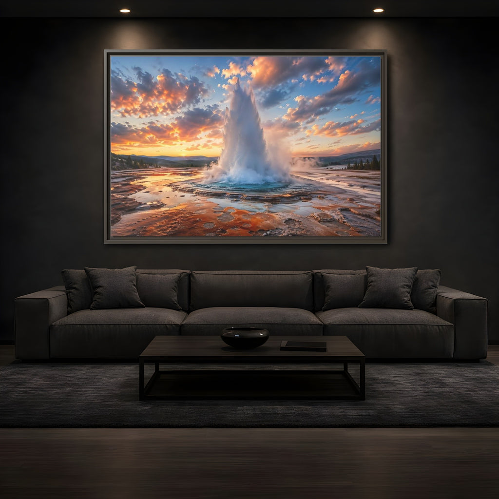 Mockup 3. Nature Geyser Orange And Blue shown as stretched canvas wall art