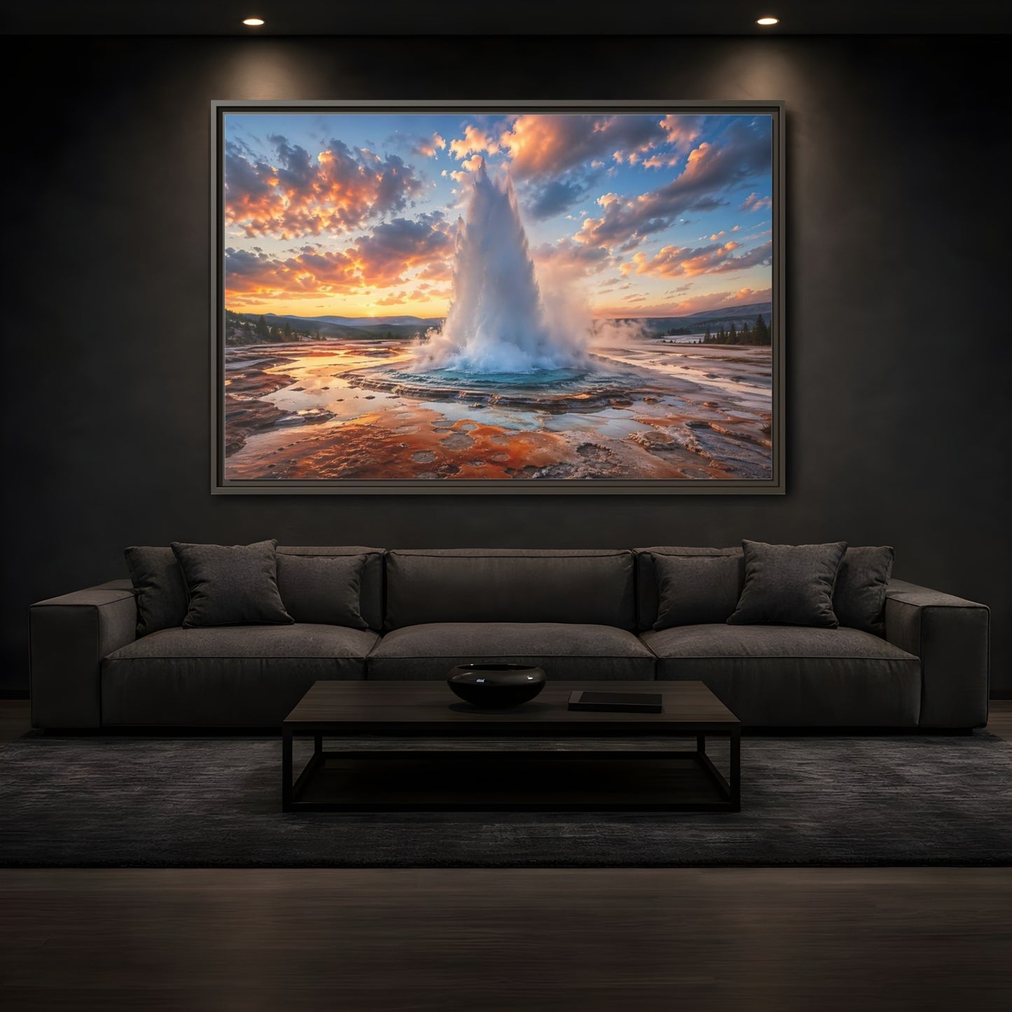 Mockup 3. Nature Geyser Orange And Blue shown as stretched canvas wall art