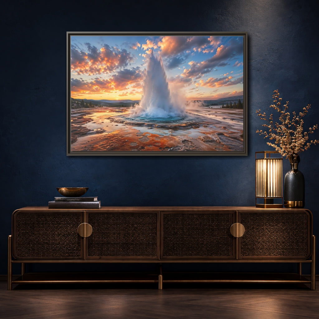 Mockup 4. Nature Geyser Orange And Blue shown as stretched canvas wall art