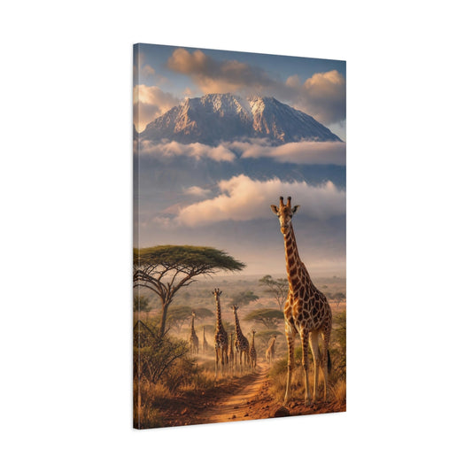 Main Mockup. Nature Giraffes Brown Blue shown as stretched canvas wall art