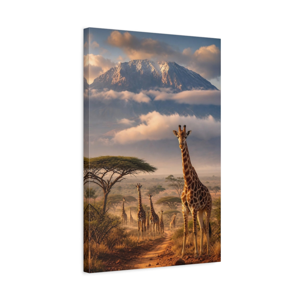 Side Mockup 3. Nature Giraffes Brown Blue shown as stretched canvas wall art