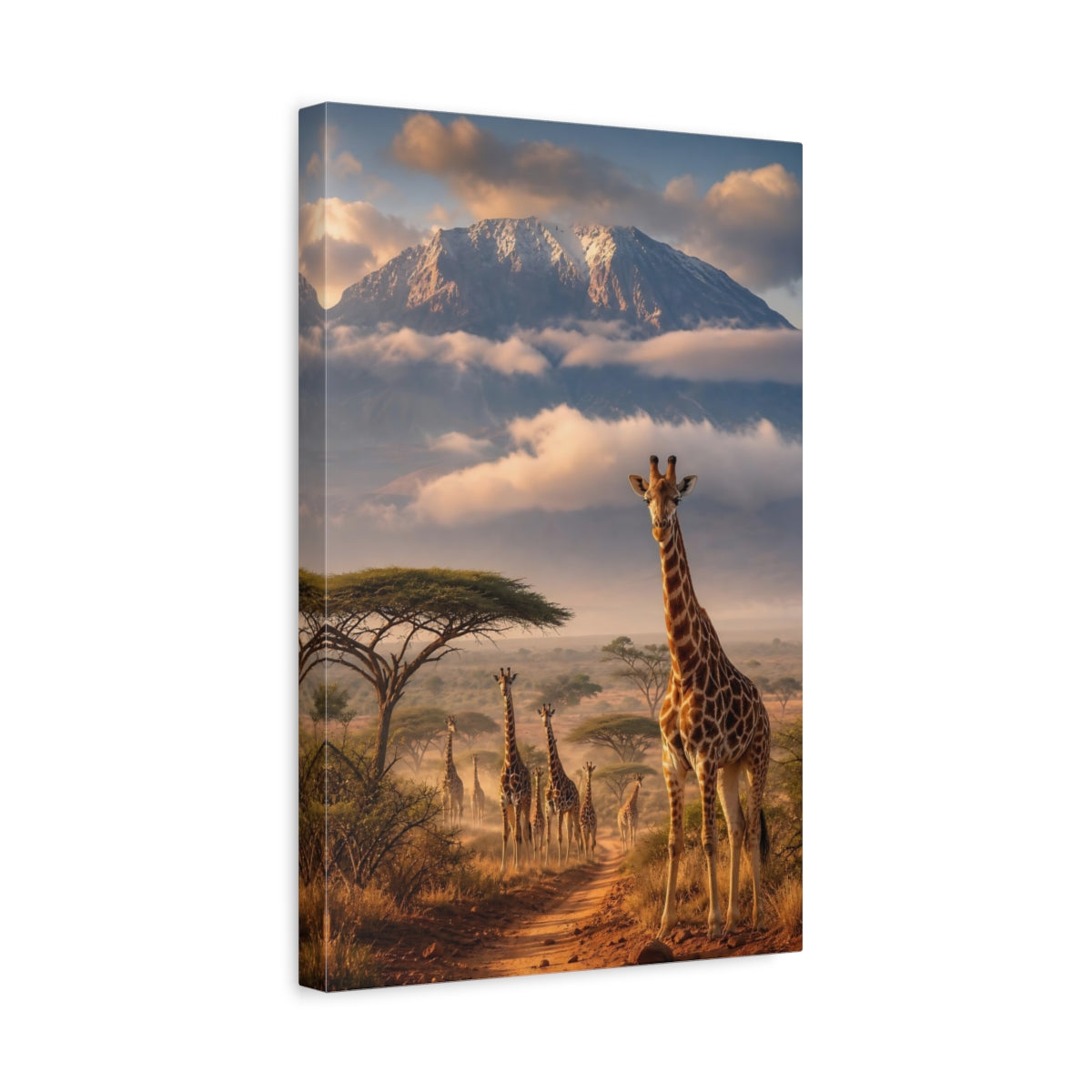 Side Mockup 4. Nature Giraffes Brown Blue shown as stretched canvas wall art