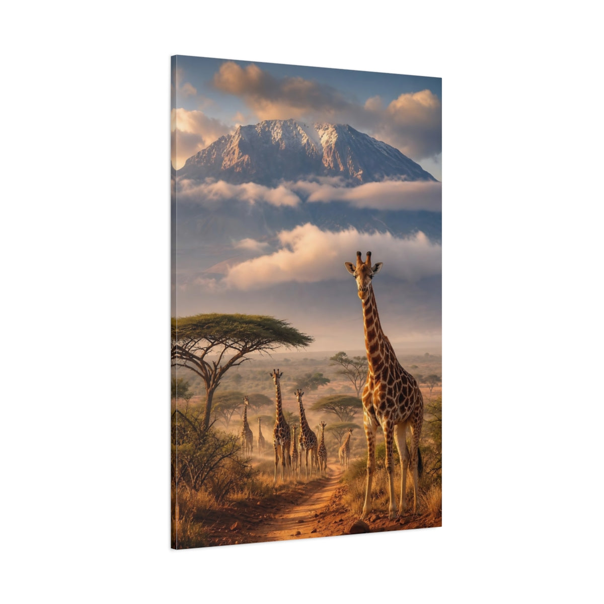 Side Mockup 1. Nature Giraffes Brown Blue shown as stretched canvas wall art