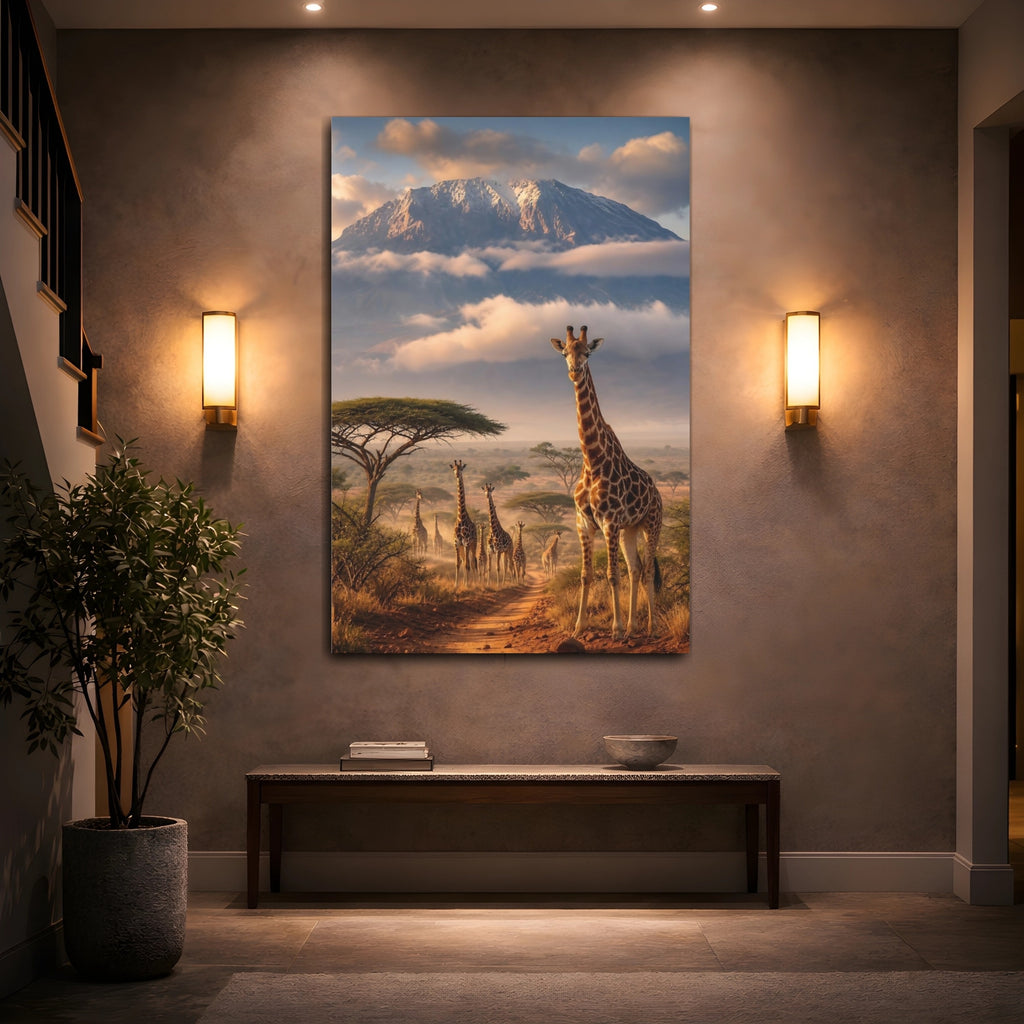 Mockup 2. Nature Giraffes Brown Blue shown as stretched canvas wall art