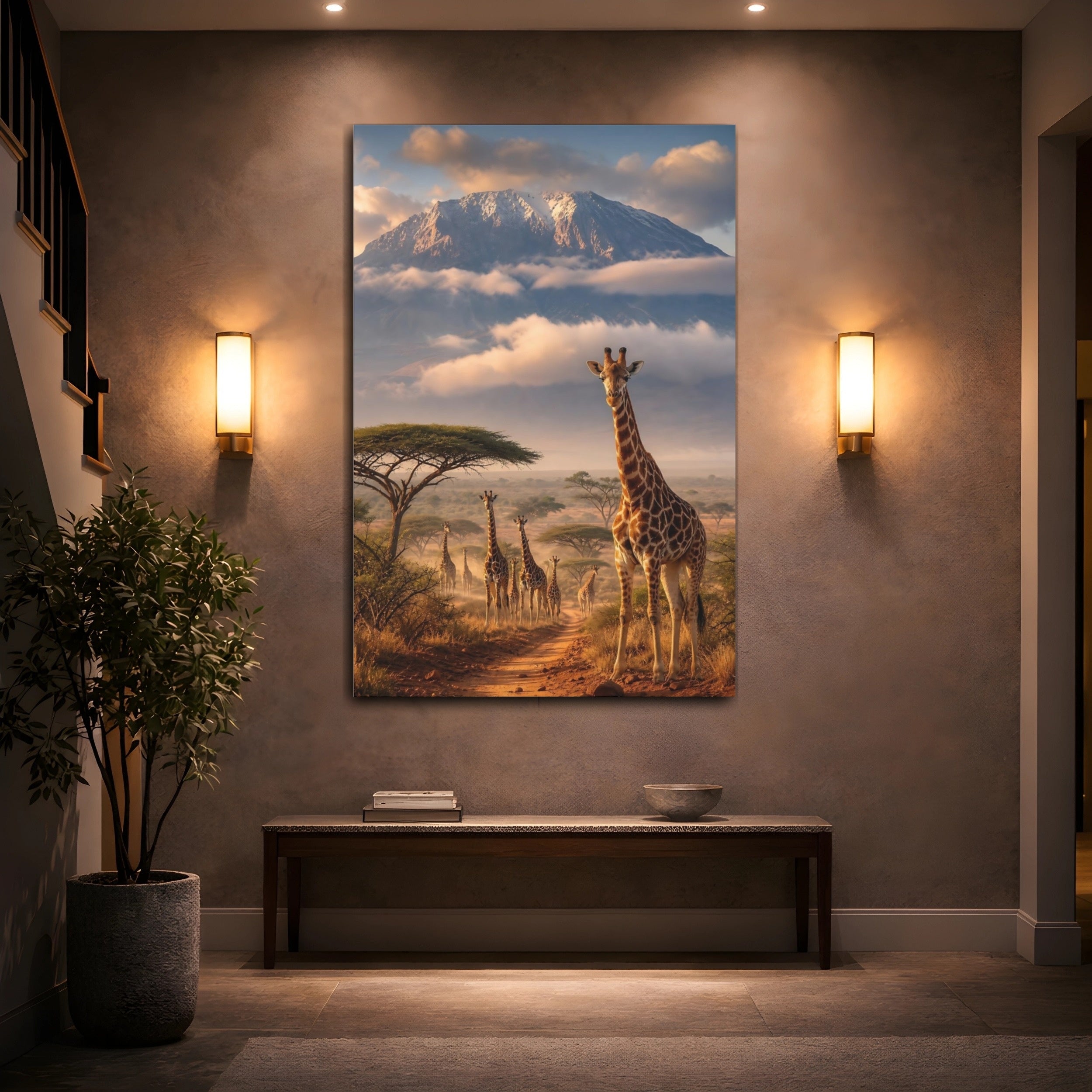 Mockup 2. Nature Giraffes Brown Blue shown as stretched canvas wall art
