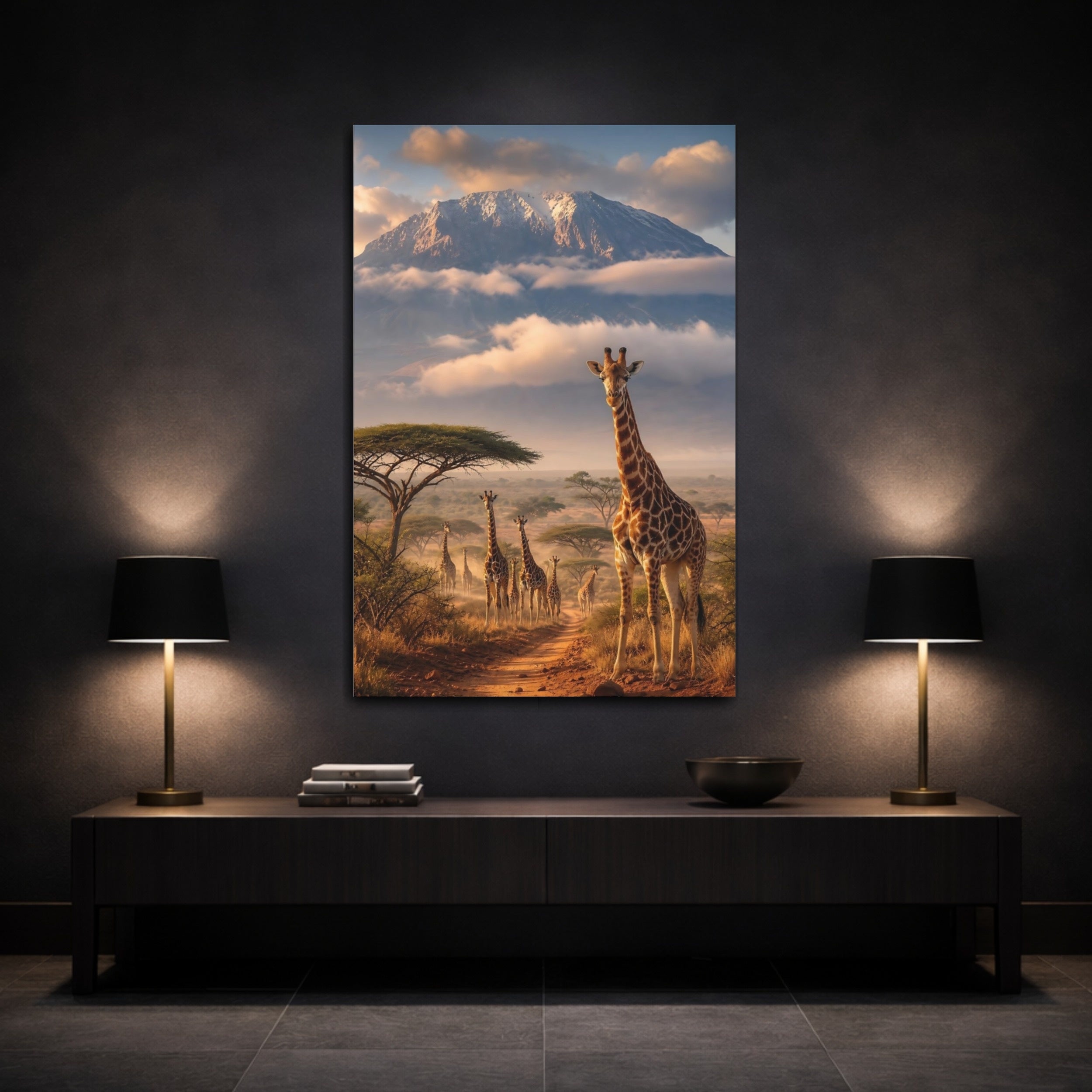 Mockup 3. Nature Giraffes Brown Blue shown as stretched canvas wall art