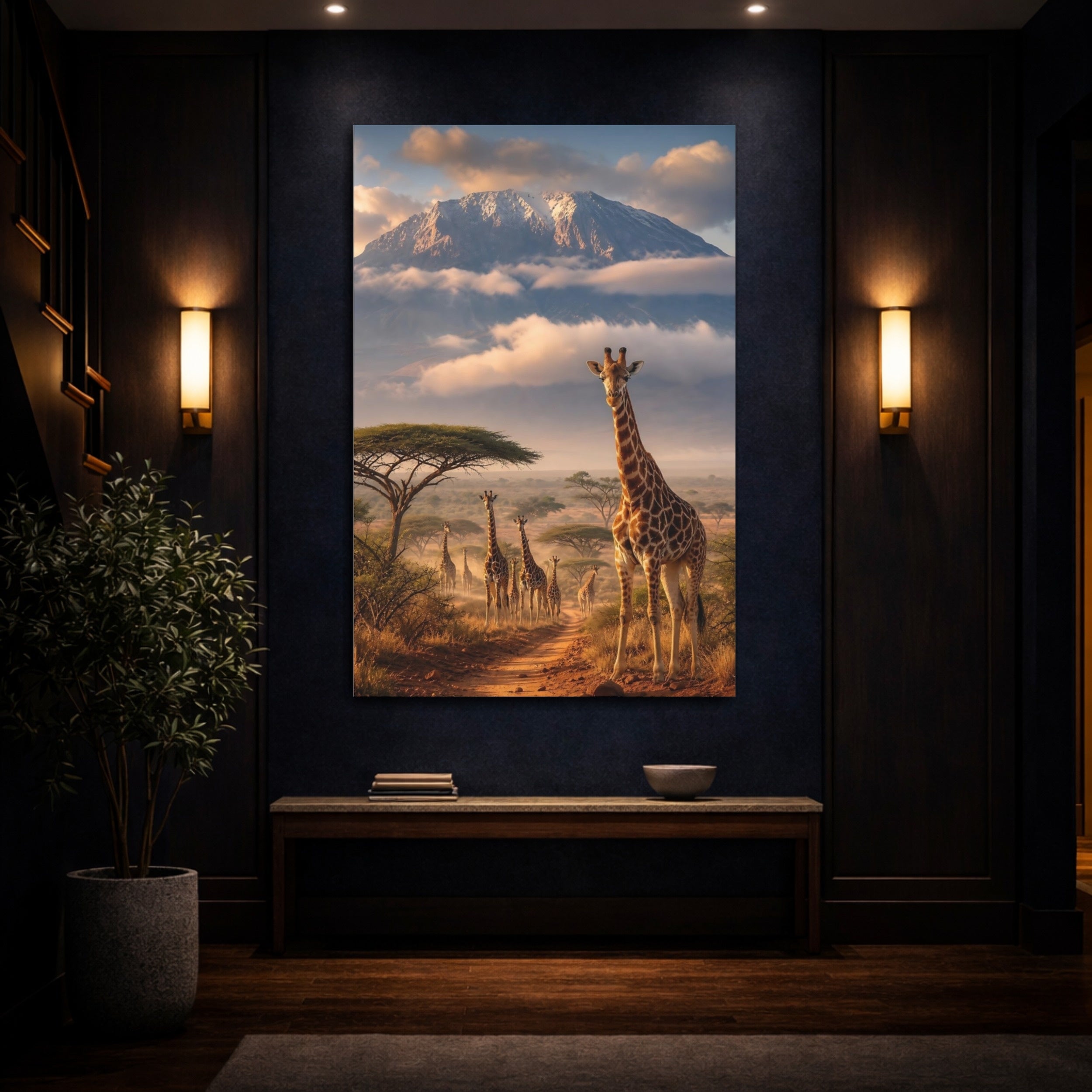 Mockup 4. Nature Giraffes Brown Blue shown as stretched canvas wall art