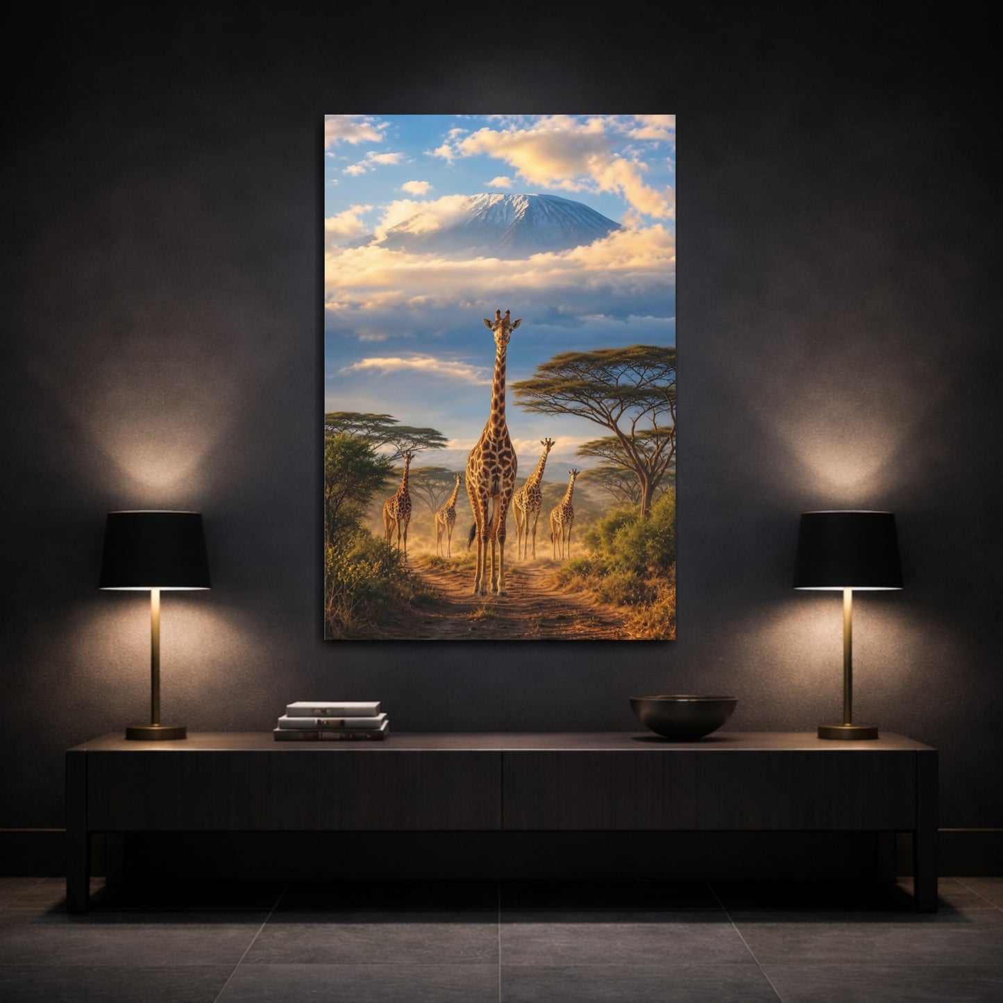 Mockup 3. Nature Giraffes Savanna Giraffes shown as stretched canvas wall art