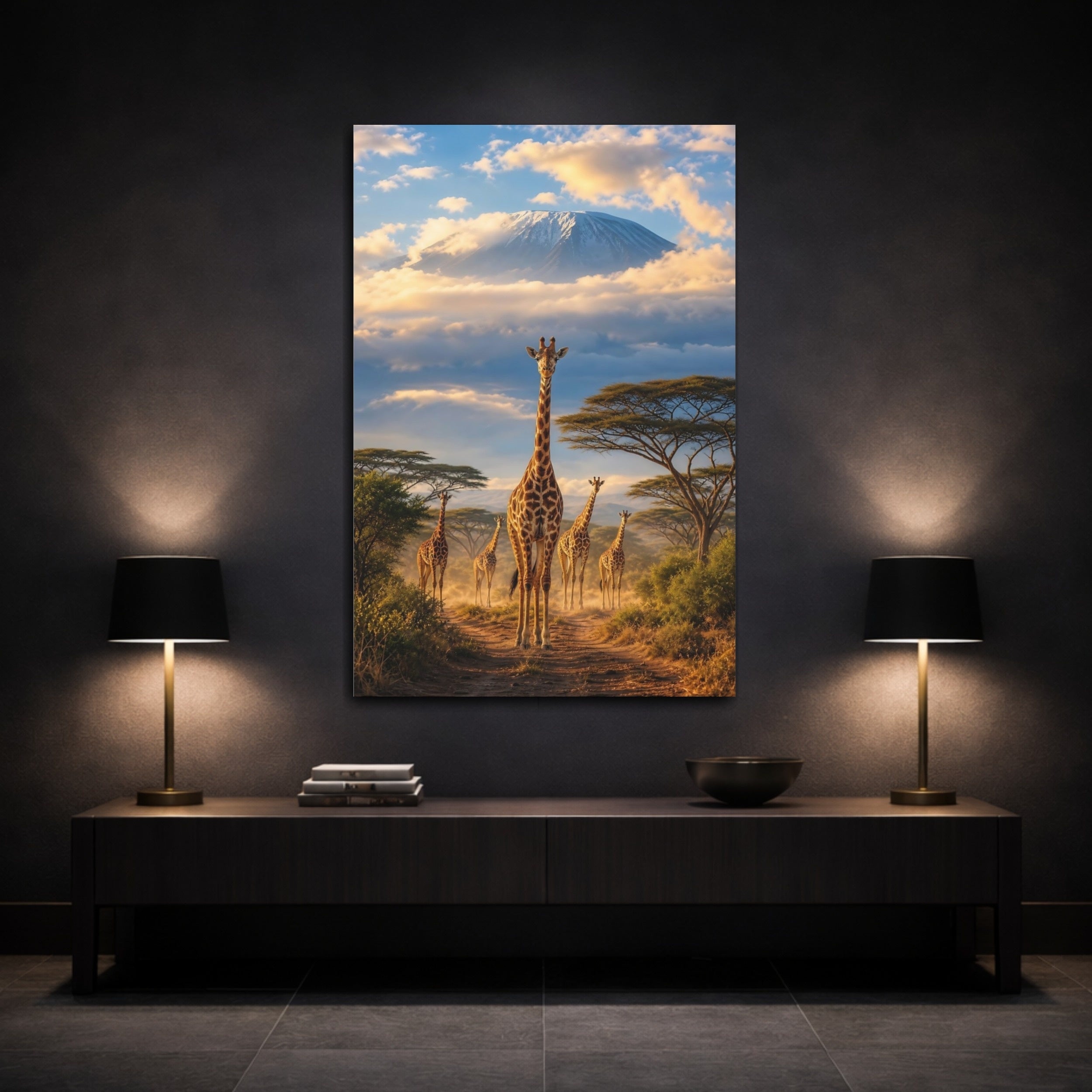 Mockup 3. Nature Giraffes Savanna Giraffes shown as stretched canvas wall art