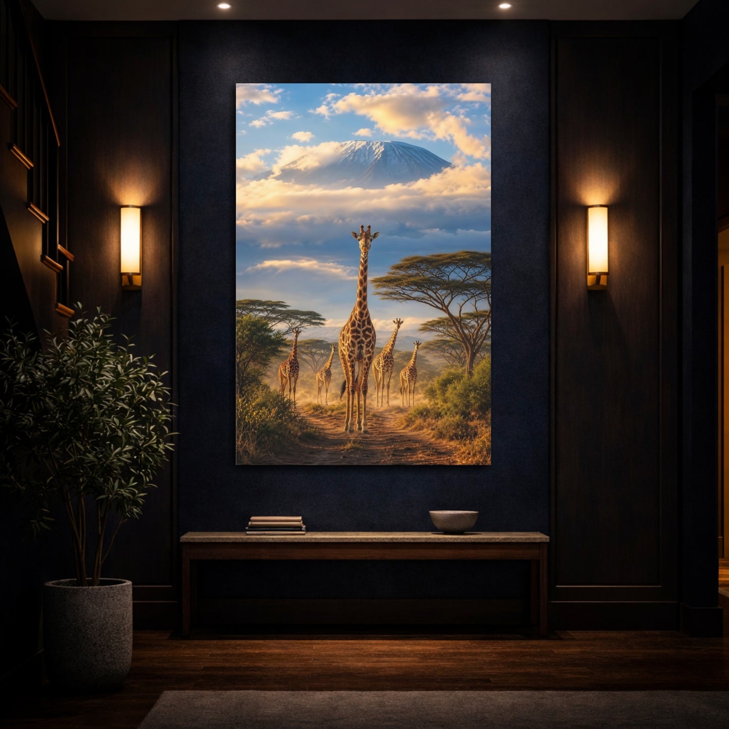 Mockup 4. Nature Giraffes Savanna Giraffes shown as stretched canvas wall art