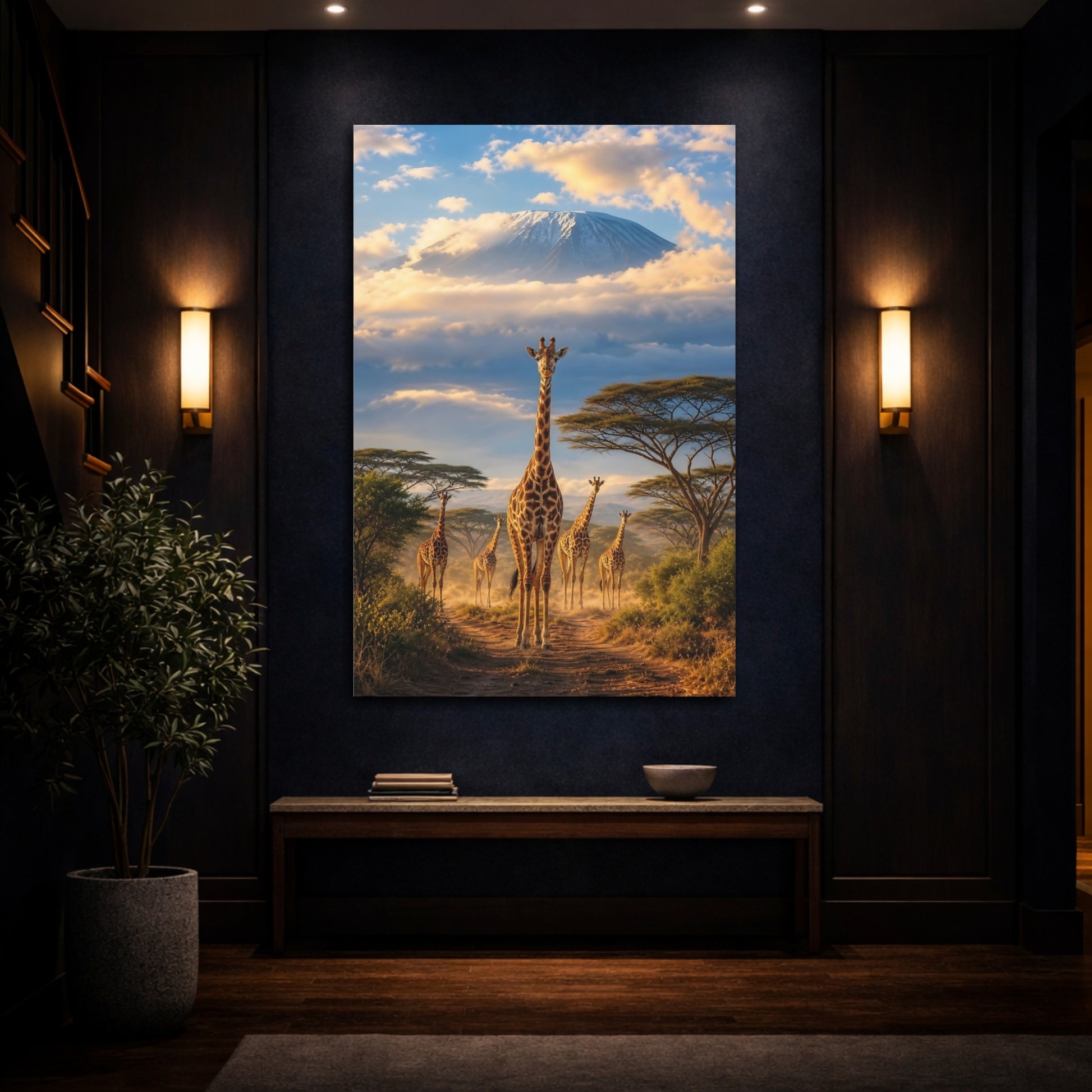 Mockup 4. Nature Giraffes Savanna Giraffes shown as stretched canvas wall art