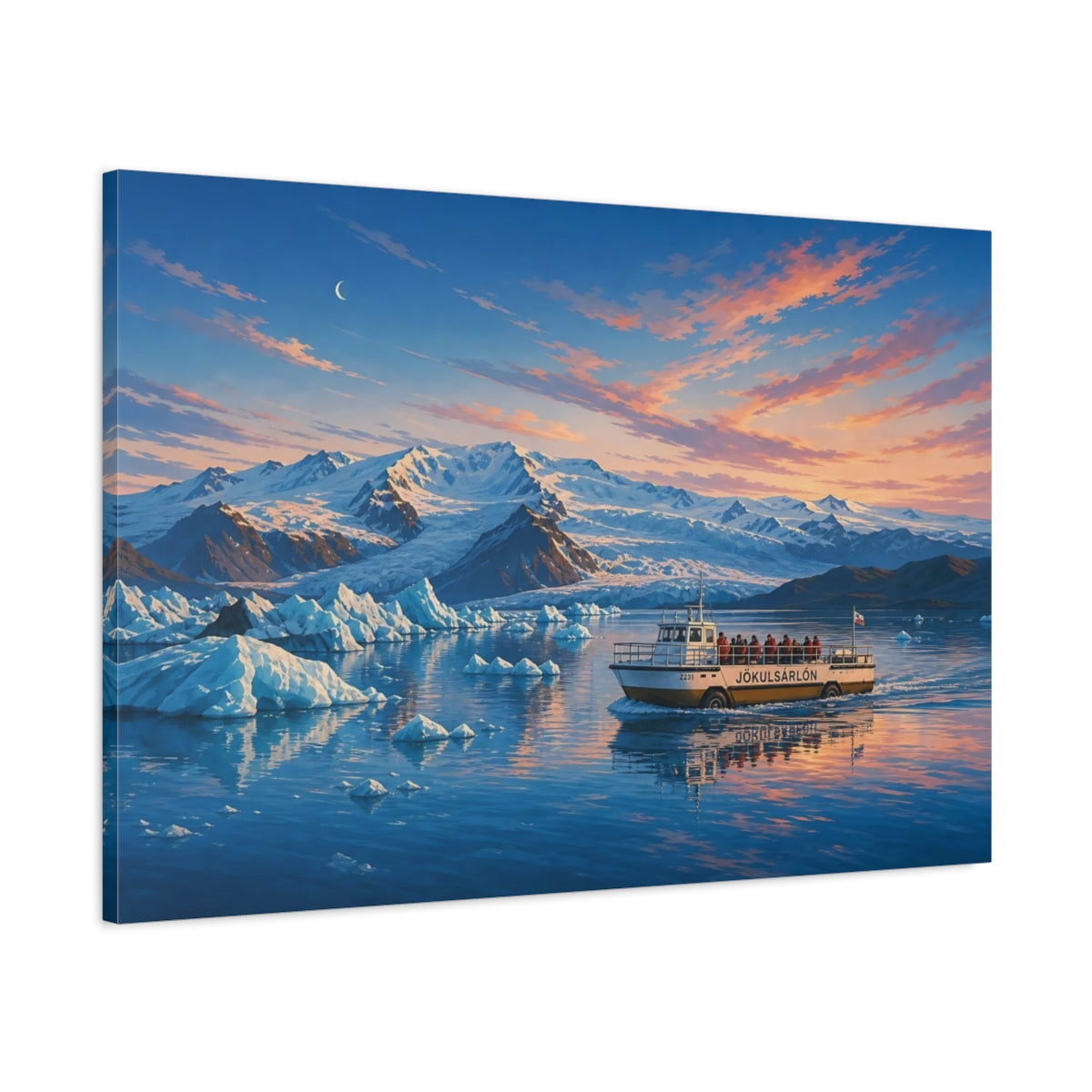 Main Mockup. Nature Glacial Lagoon Glacial Sunset shown as stretched canvas wall art