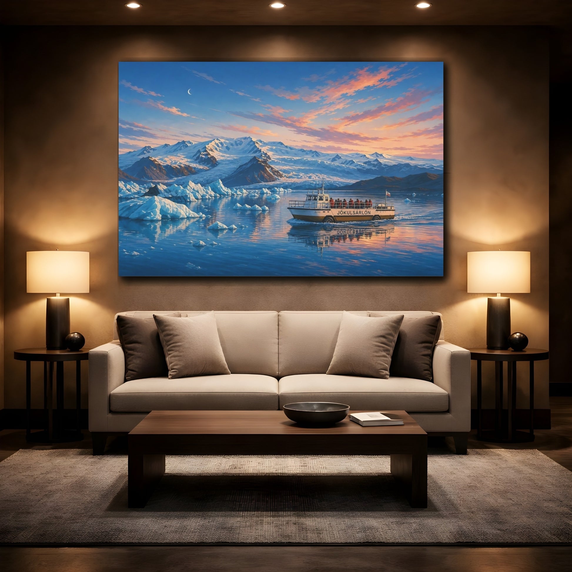 Mockup 2. Nature Glacial Lagoon Glacial Sunset shown as stretched canvas wall art