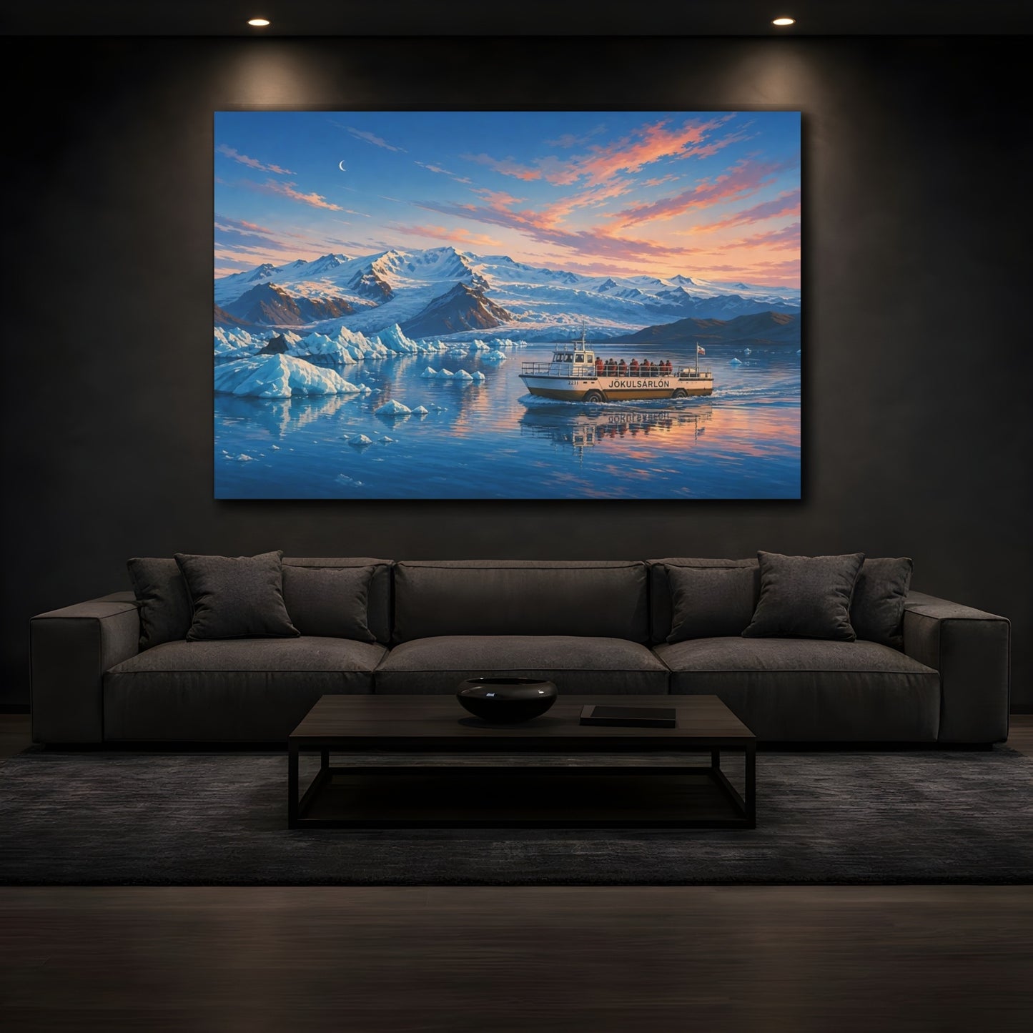 Mockup 3. Nature Glacial Lagoon Glacial Sunset shown as stretched canvas wall art