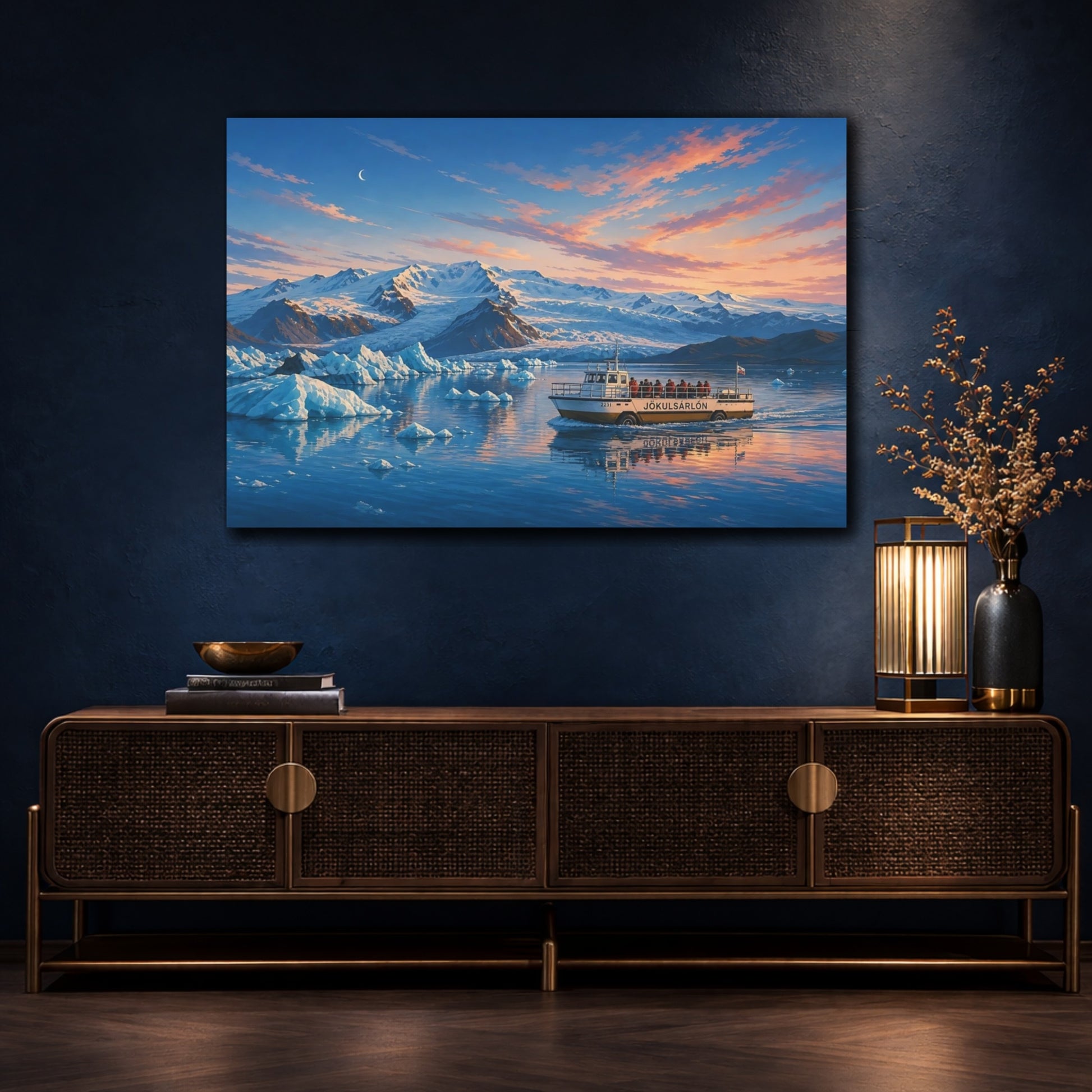 Mockup 4. Nature Glacial Lagoon Glacial Sunset shown as stretched canvas wall art