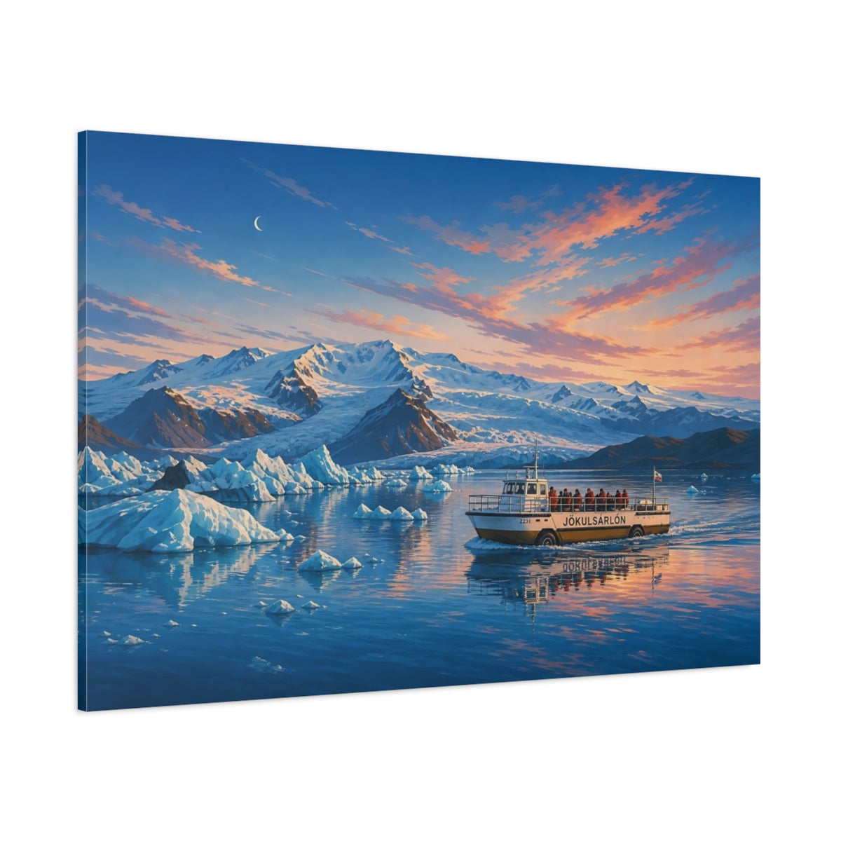 Side Mockup 1. Nature Glacial Lagoon Glacial Sunset shown as stretched canvas wall art