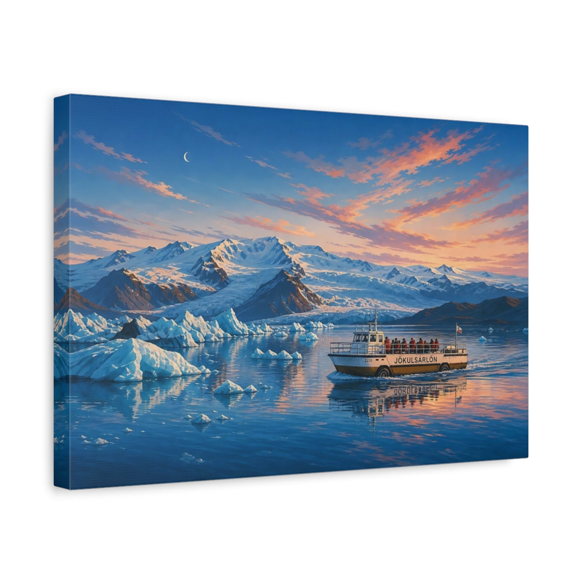 Side Mockup 4. Nature Glacial Lagoon Glacial Sunset shown as stretched canvas wall art