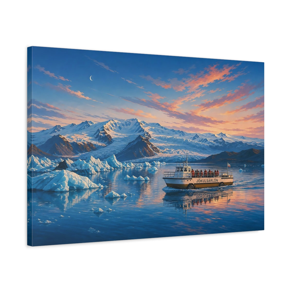 Side Mockup 2. Nature Glacial Lagoon Glacial Sunset shown as stretched canvas wall art