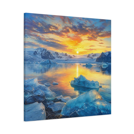 Main Mockup. Nature Glacial Lake Orange And Blue shown as stretched canvas wall art