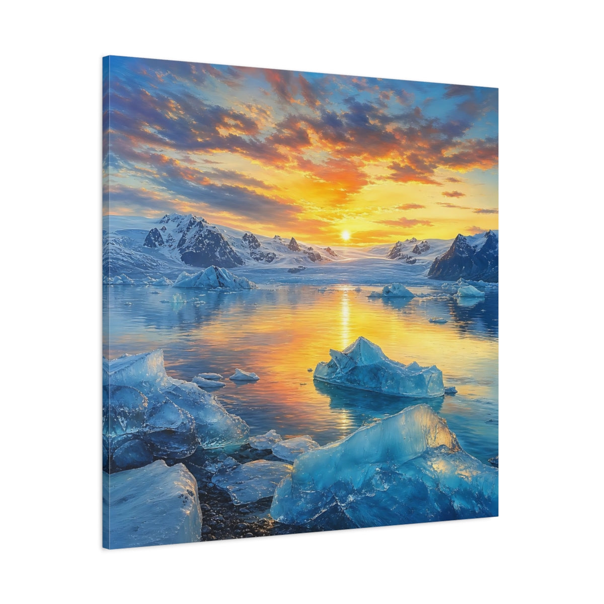 Side Mockup 1. Nature Glacial Lake Orange And Blue shown as stretched canvas wall art