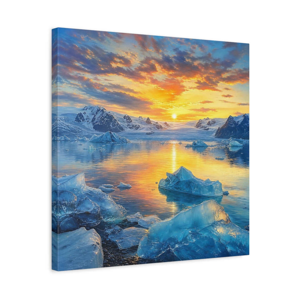 Side Mockup 5. Nature Glacial Lake Orange And Blue shown as stretched canvas wall art