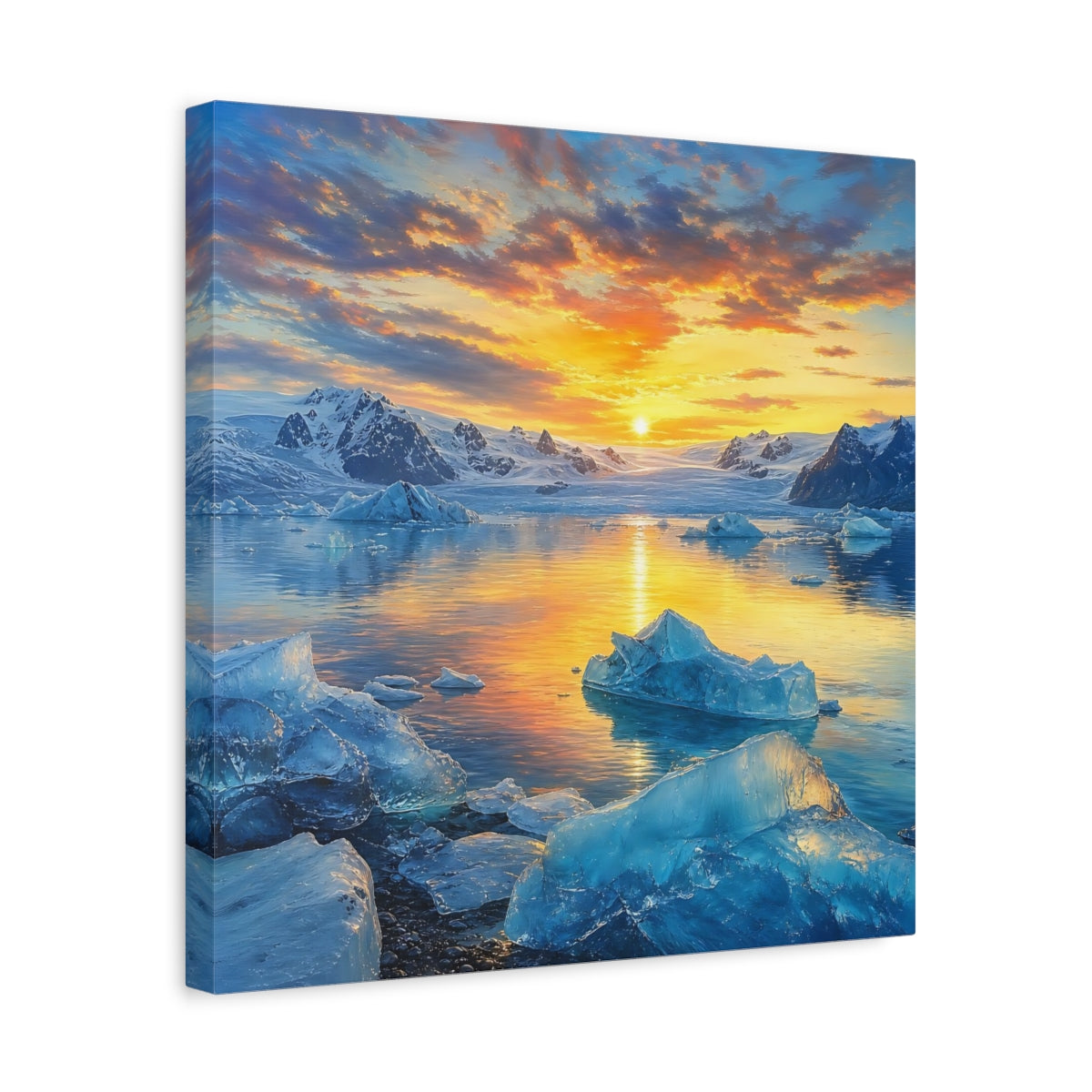 Side Mockup 6. Nature Glacial Lake Orange And Blue shown as stretched canvas wall art