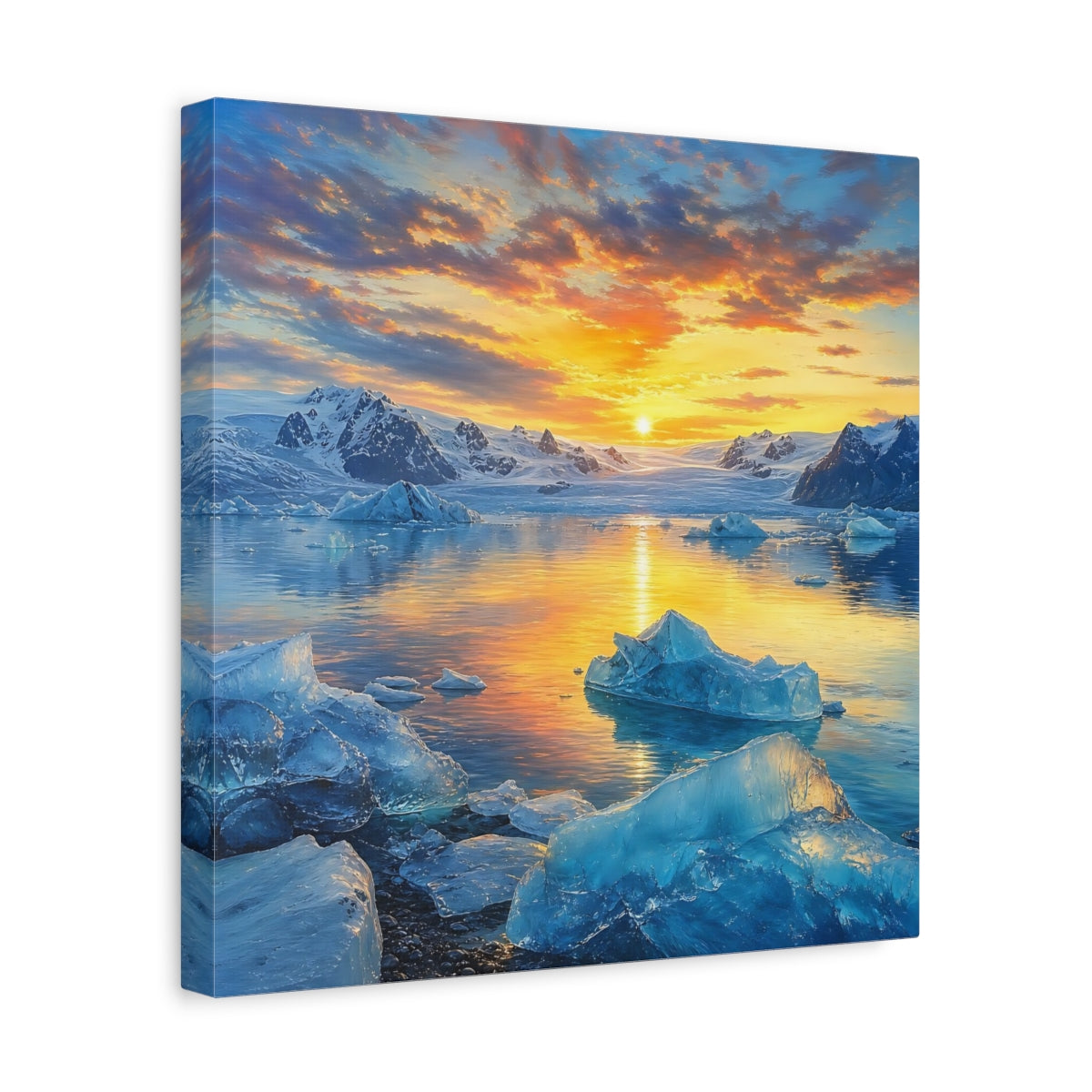 Side Mockup 7. Nature Glacial Lake Orange And Blue shown as stretched canvas wall art