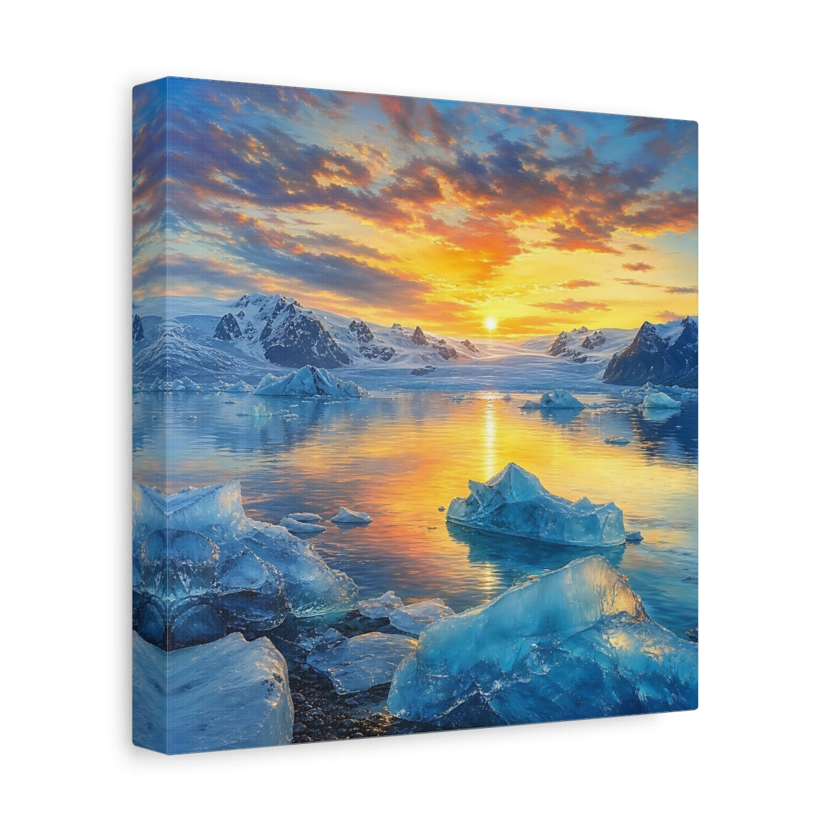 Side Mockup 9. Nature Glacial Lake Orange And Blue shown as stretched canvas wall art