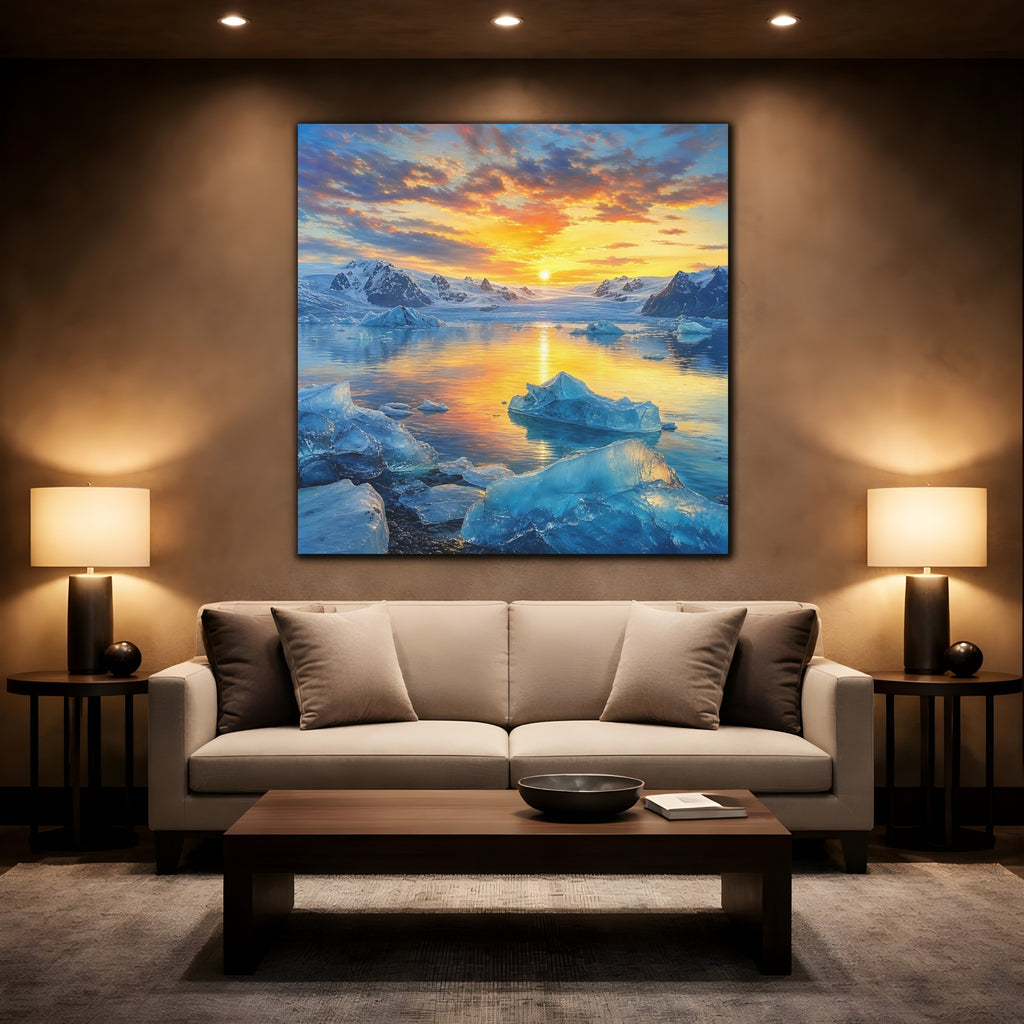 Mockup 2. Nature Glacial Lake Orange And Blue shown as stretched canvas wall art