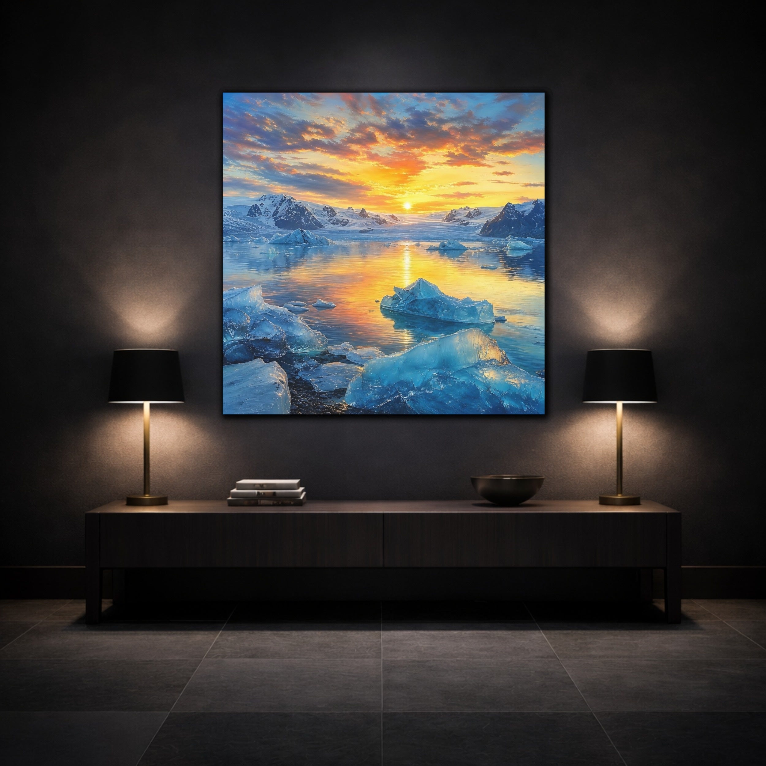 Mockup 3. Nature Glacial Lake Orange And Blue shown as stretched canvas wall art