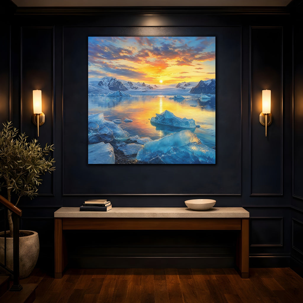 Mockup 4. Nature Glacial Lake Orange And Blue shown as stretched canvas wall art
