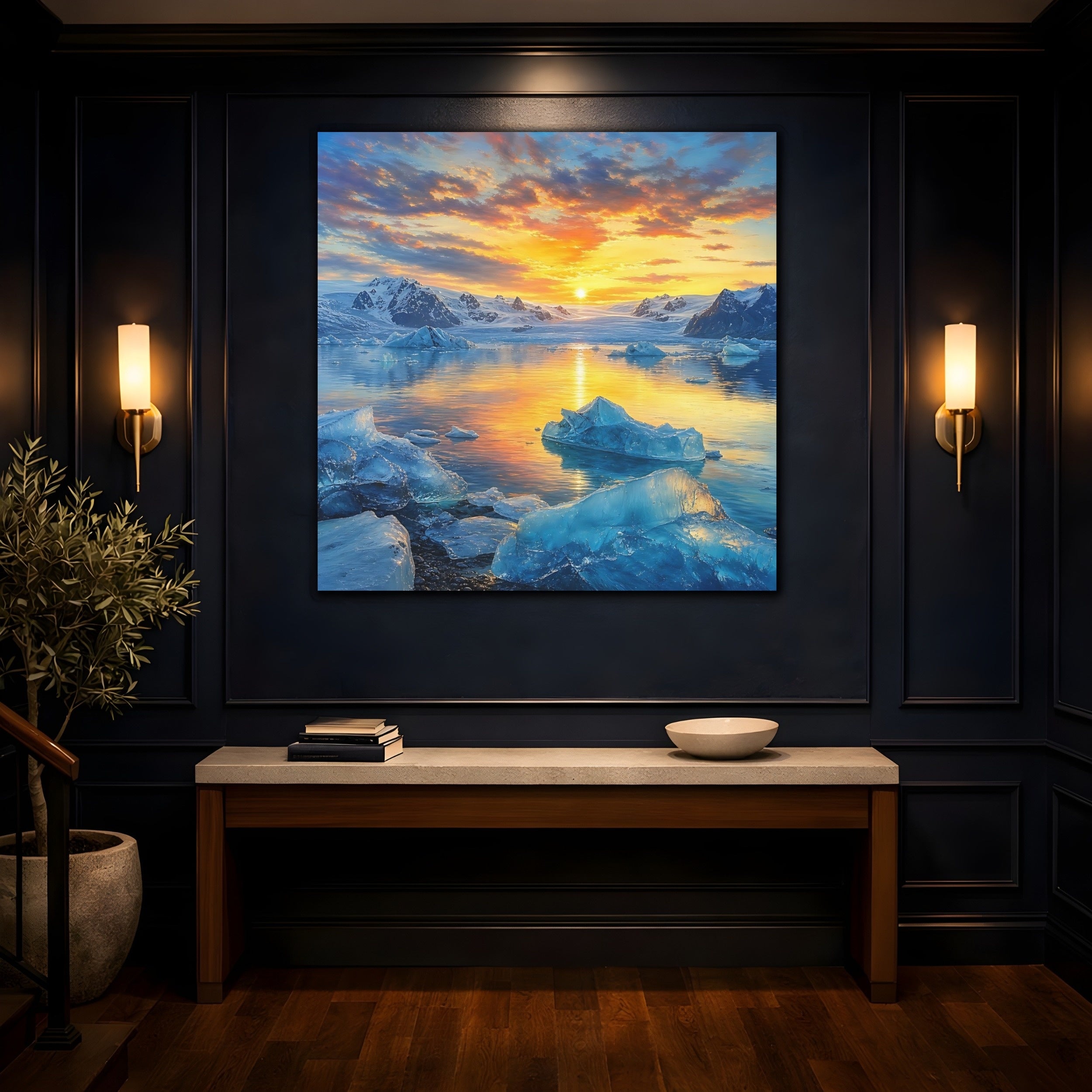 Mockup 4. Nature Glacial Lake Orange And Blue shown as stretched canvas wall art