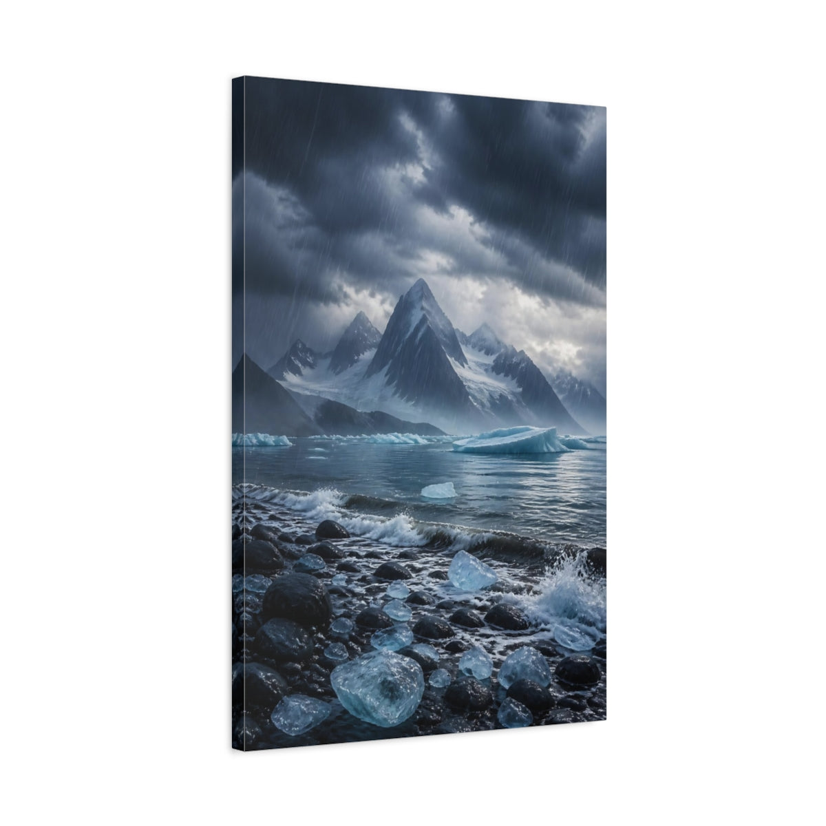 Side Mockup 2. Nature Glacier Mountains Stormy Arctic shown as stretched canvas wall art