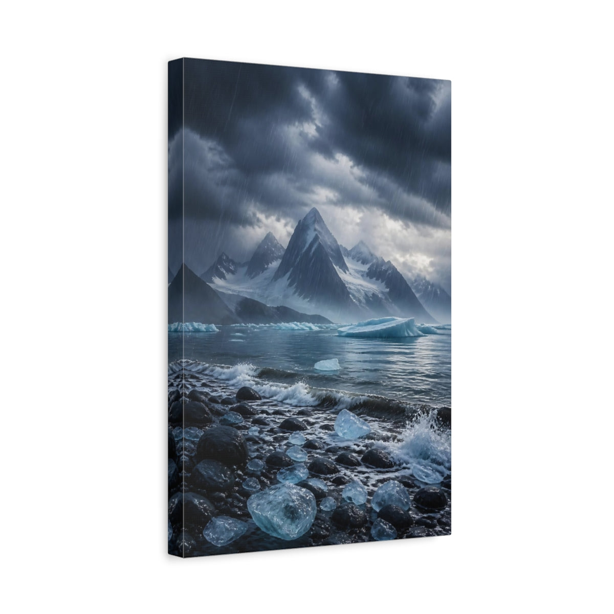 Side Mockup 4. Nature Glacier Mountains Stormy Arctic shown as stretched canvas wall art