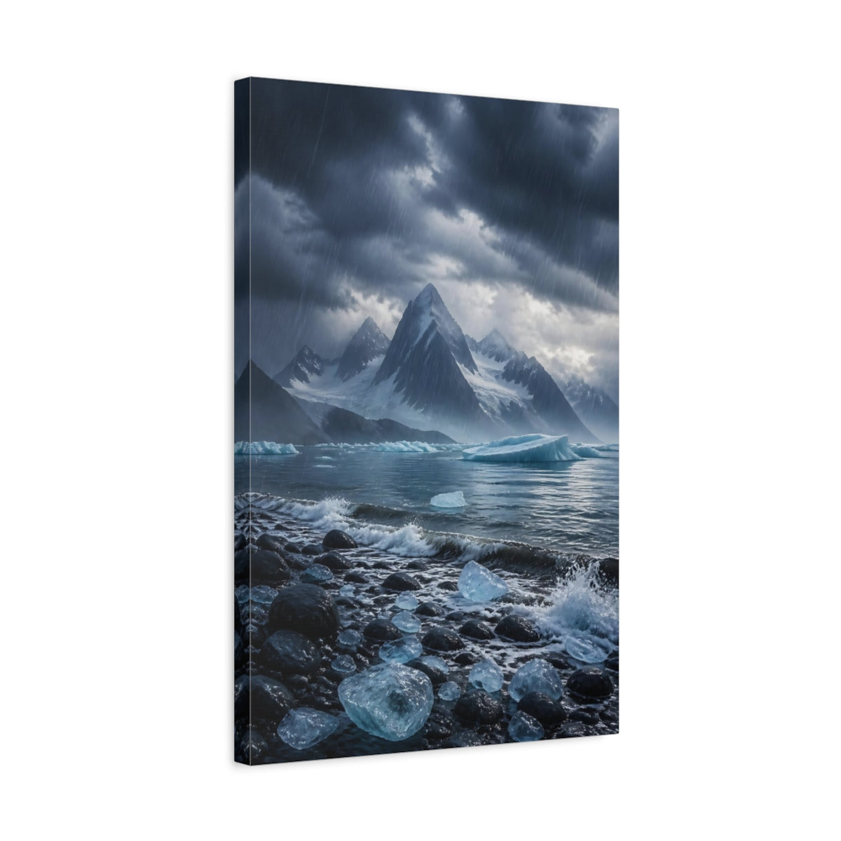 Side Mockup 3. Nature Glacier Mountains Stormy Arctic shown as stretched canvas wall art