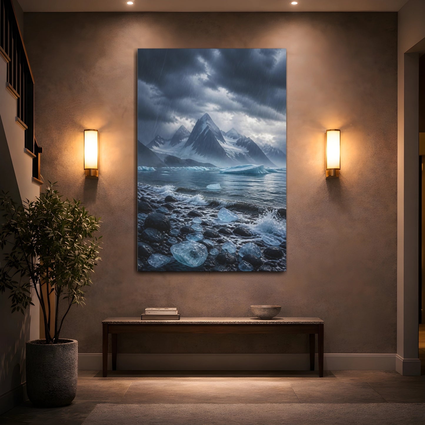 Mockup 2. Nature Glacier Mountains Stormy Arctic shown as stretched canvas wall art