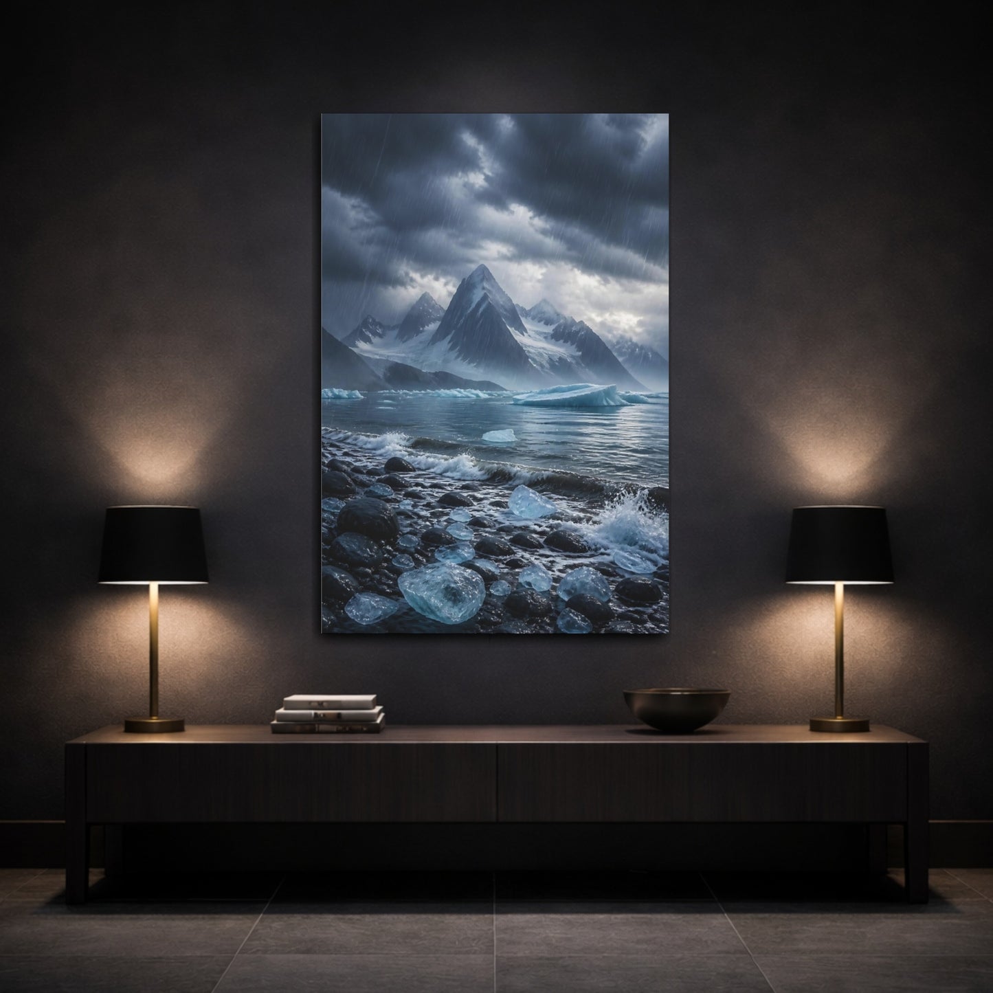 Mockup 3. Nature Glacier Mountains Stormy Arctic shown as stretched canvas wall art