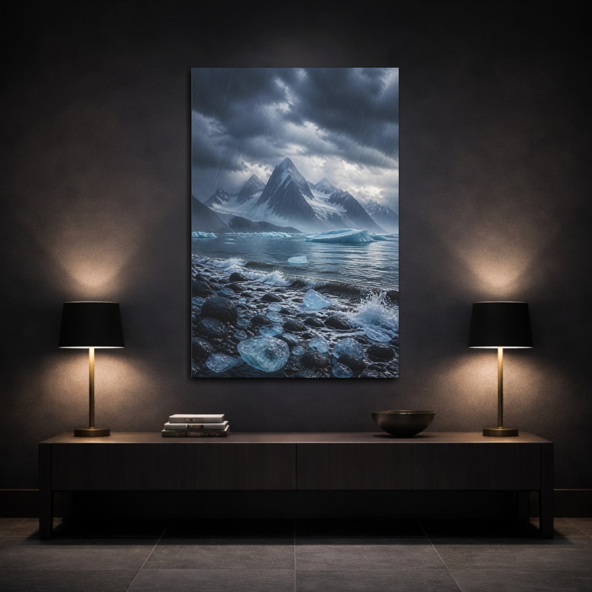 Mockup 3. Nature Glacier Mountains Stormy Arctic shown as stretched canvas wall art